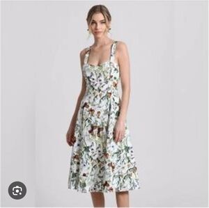 Avec Les Filles White Floral Midi Dress Flowers And Butterflies. Side Pockets.